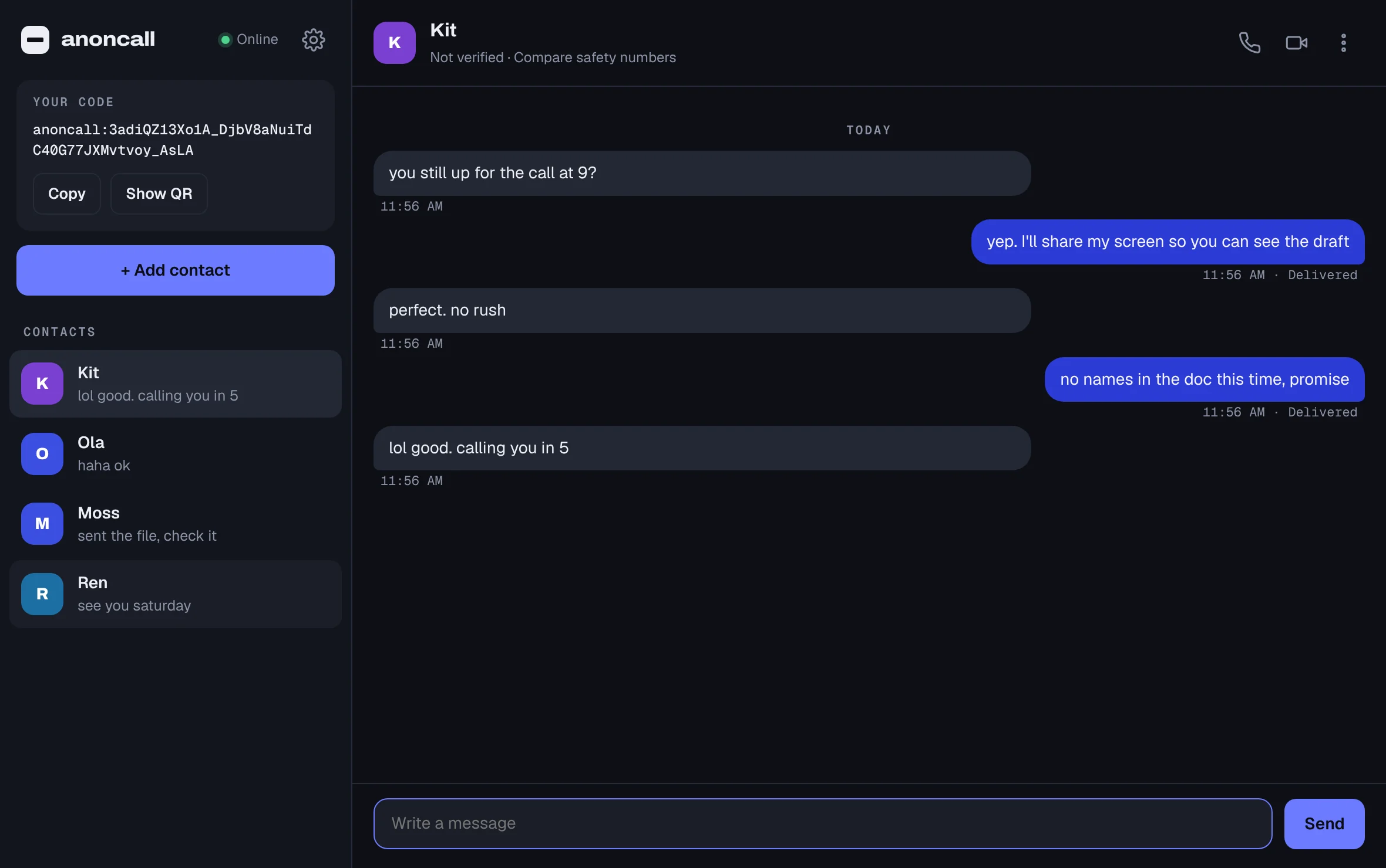 The anoncall app: a contact list on the left and an encrypted conversation with Kit on the right